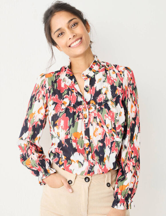 Chemisier imprimé col volanté, crépon (marine / rose) Chemisier imprimé col volanté, crépon (marine / rose)